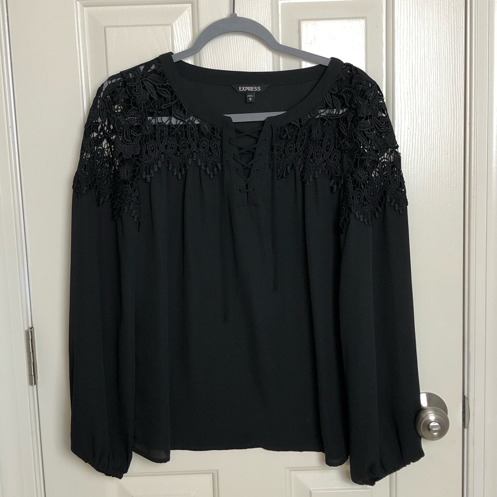 Express Black Long Sleeve Blouse w/ Lace Cut Outs